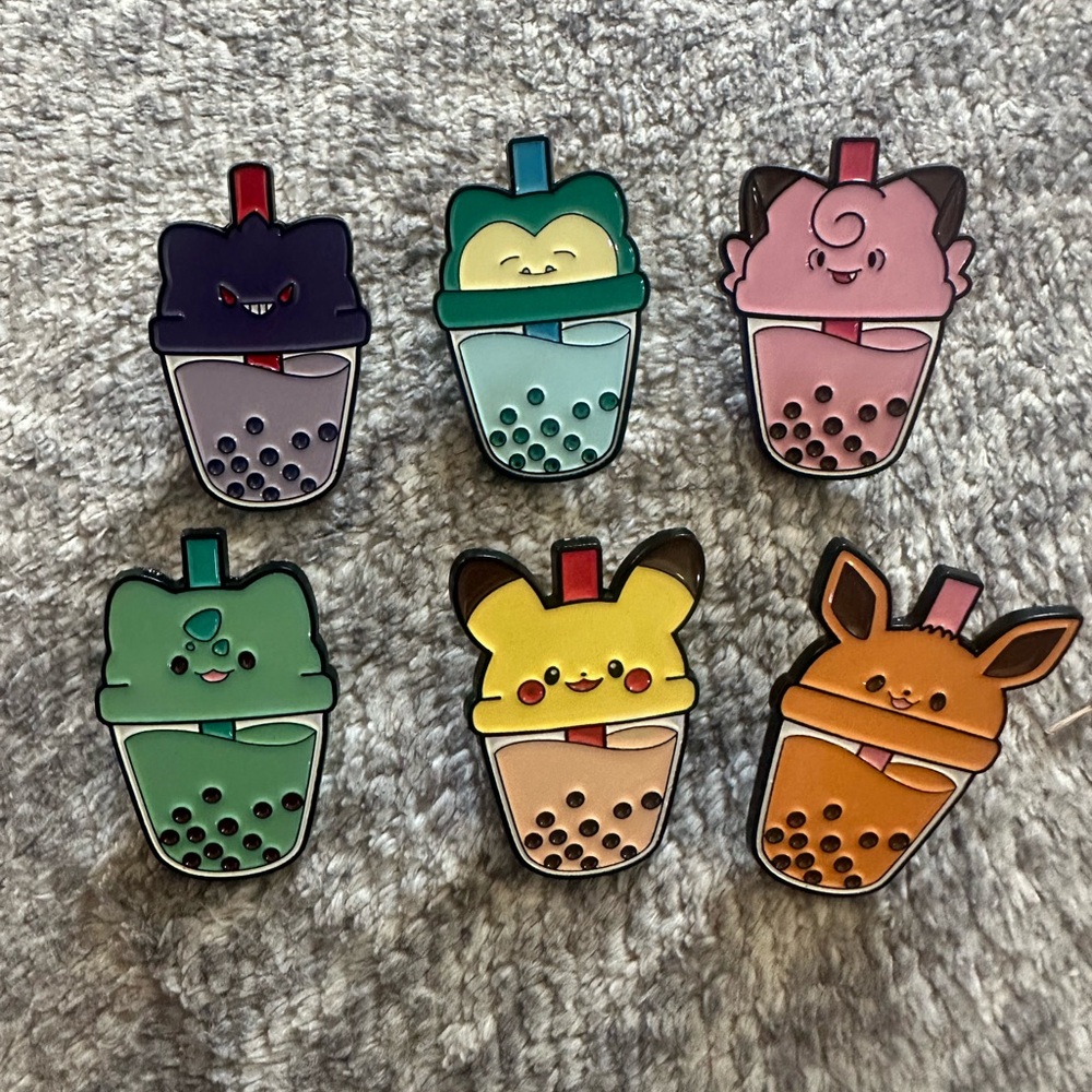 Pokemon Boba Bubble Tea Enamel Pin Set Of 6 Snorlax Eevee Pikachu Kawaii